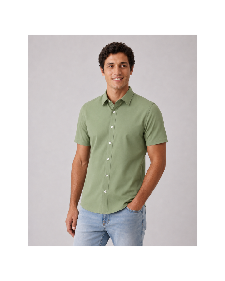 Camisa Manga Corta para Hombre en Popelina Verde Militar