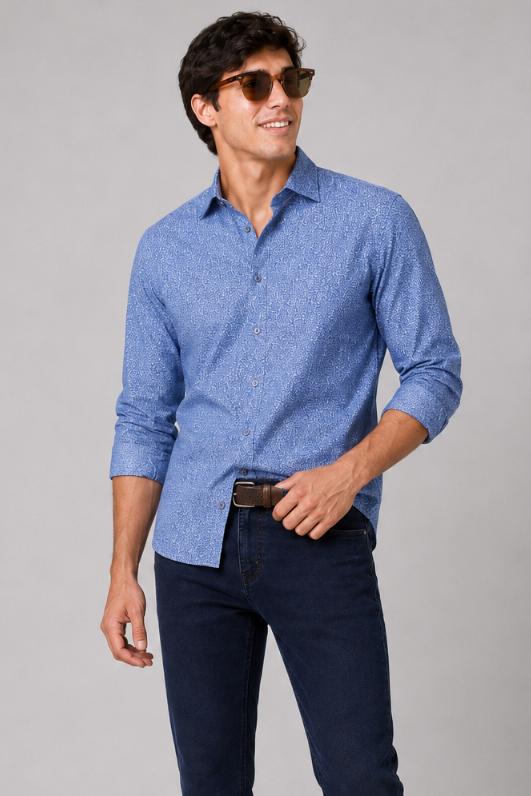 Camisa Casual Manga Larga en Azul Real con Microestampado Texturizado