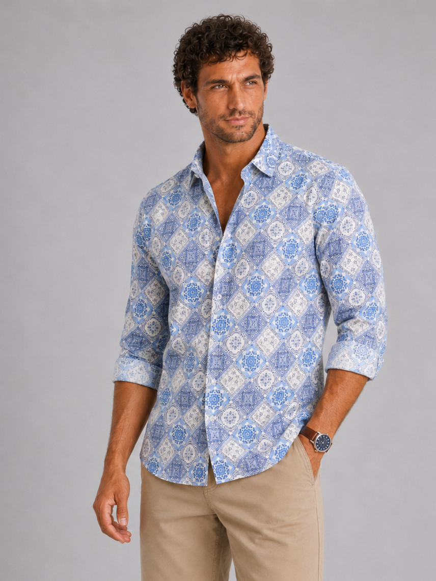 Camisa Manga Larga para Hombre con Estampado de Azulejos Mosaico Azul y Blanco