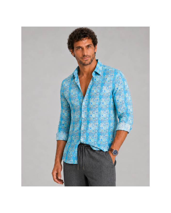Camisa Manga Larga para Hombre con Estampado Mandalas y Rosetones Turquesa