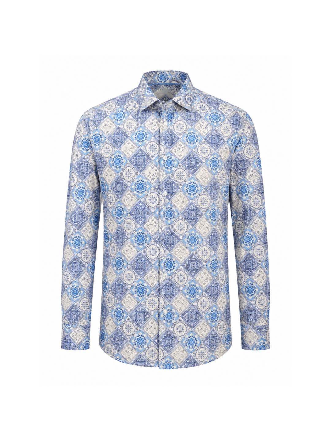 Camisa Manga Larga para Hombre con Estampado de Azulejos Mosaico Azul y Blanco