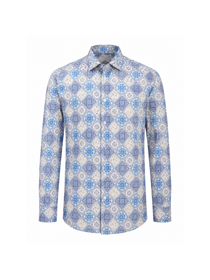 Camisa Manga Larga para Hombre con Estampado de Azulejos Mosaico Azul y Blanco